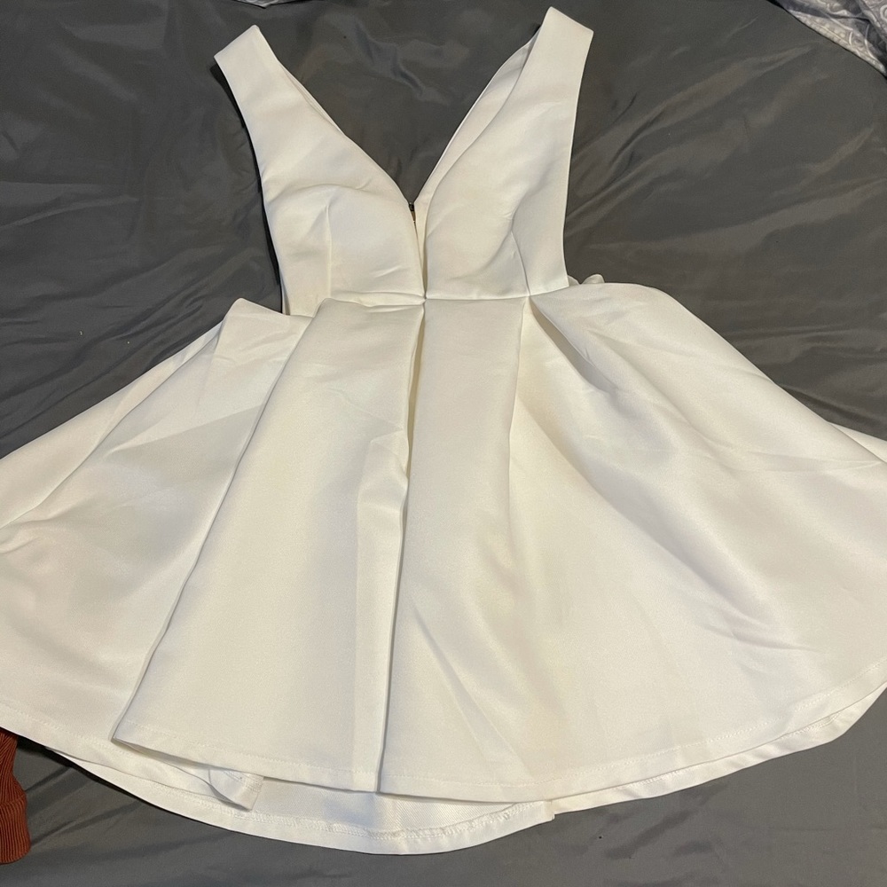 White deep v skater dress